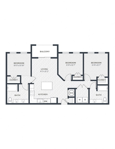 Floor plan for 3 beds, 2 baths, 1170 sqft